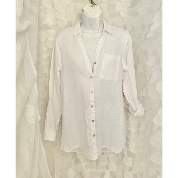 Sigrid Olsen Women's White 100% Linen Button Down VNeck Collar Blouse Shirt Sz S - Picture 1 of 8